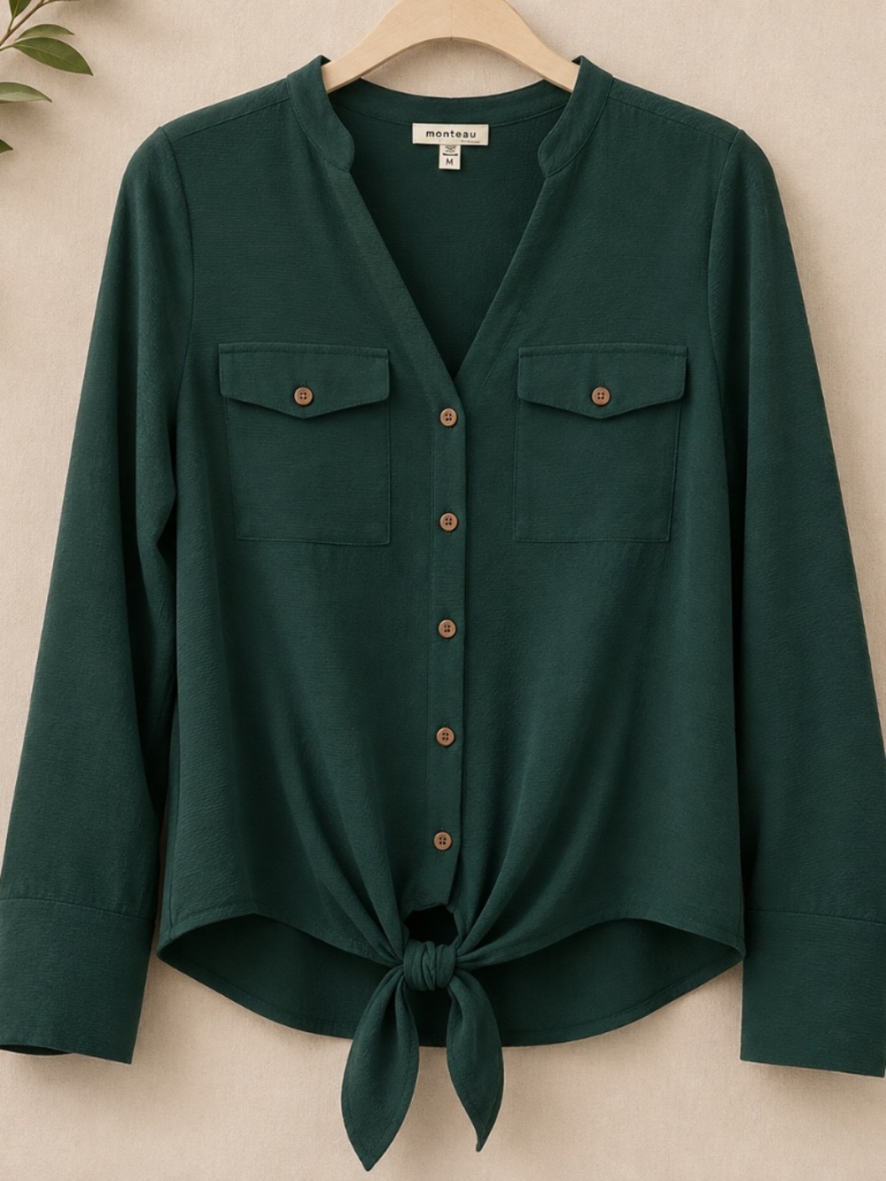 Monteau Women’s Size Medium Green Stretch Blouse Button Down Top Tie Accent
